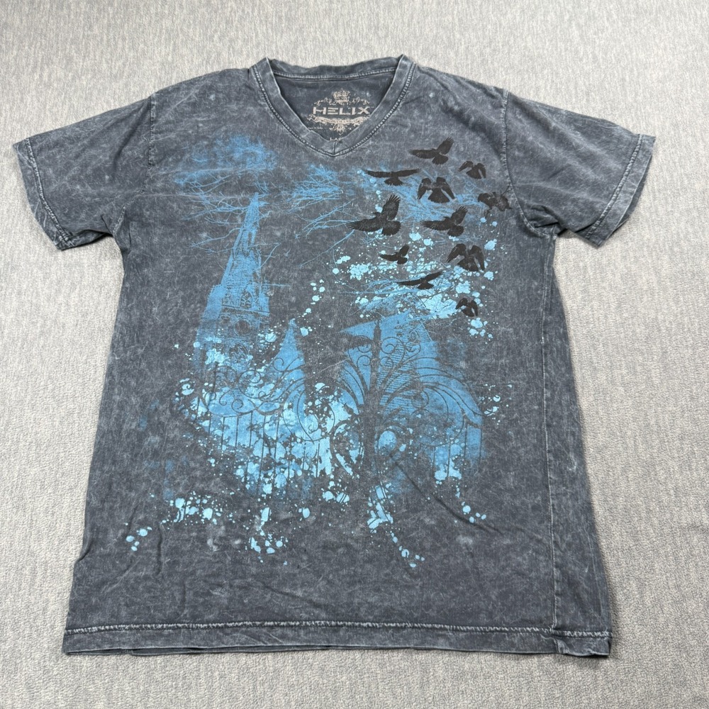 Helix Shirt Mens L Gray Acid Wash Graphic V-Neck Short Sleeve Casual Gothic Tee